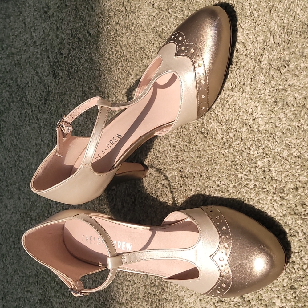 J. Crew Women's Two-Tone Metallic T-Strap Pumps - Rose Gold/Cream